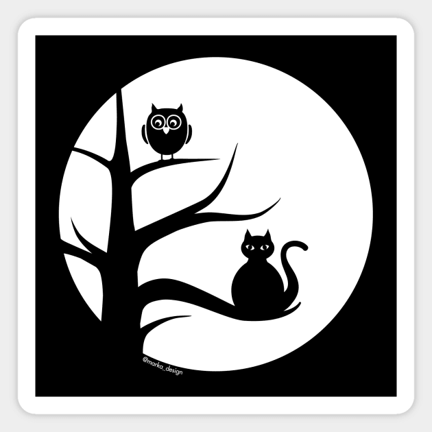 Cute Cat and Owl in Tree, Silhoutte against Full Moon Magnet by Markadesign